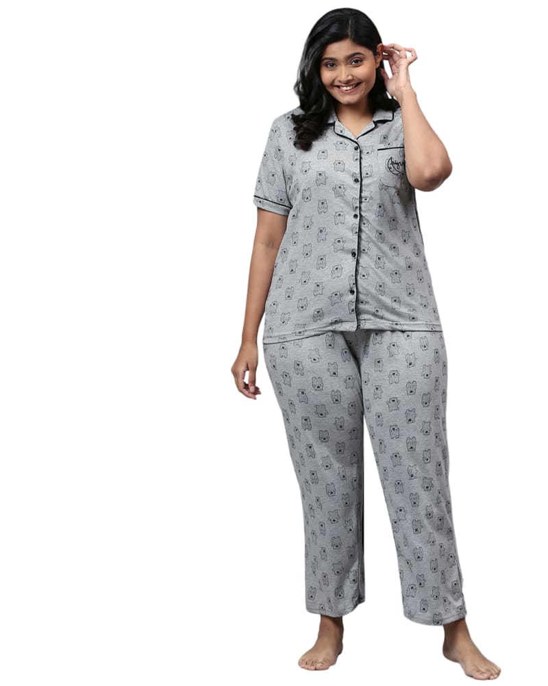 Front of a model wearing a size 4XL Printed Stylish Night Suit- Bears in Light Grey by Instafab Plus. | dia_product_style_image_id:258322